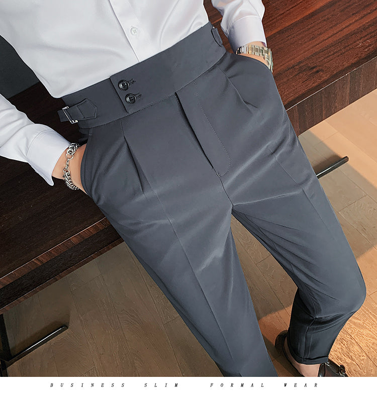 saferido        New Design Men High Waist Trousers Solid England Business Casual Suit Pants Belt Straight Slim Fit Bottoms White Clothing