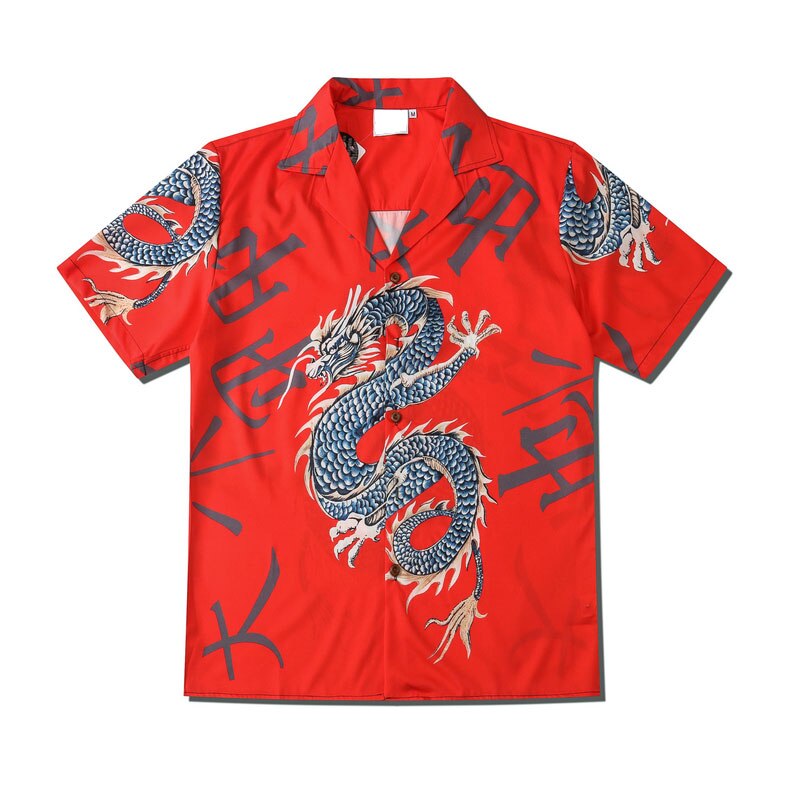 Harajuku Men Shirts Black Flower Print Short Sleeve Single Breasted Loose Shirt Hip Hop Beach Casual Streetwear Unisex