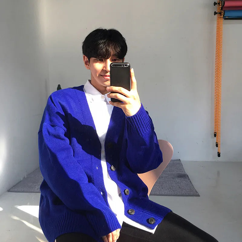 Men's Wear Knitted Sweater Loose V-neck Single-breasted Solid Color Knitted Cardigan Coat Autumn New