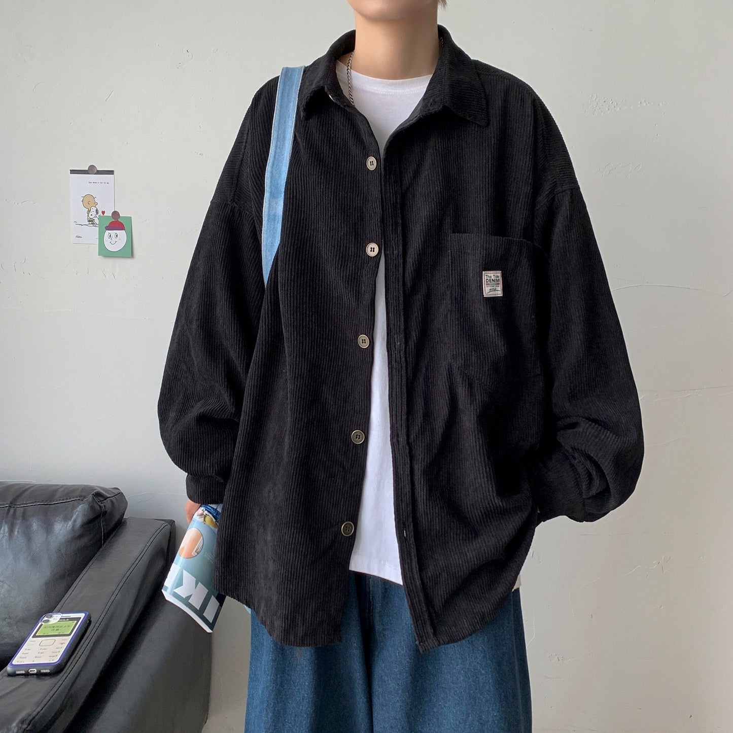 Corduroy Men Shirts For Men Clothing Harajuku Black Shirt Korean Style Men Shirt Long Sleeve Vintage Clothes Streetwear 3XL