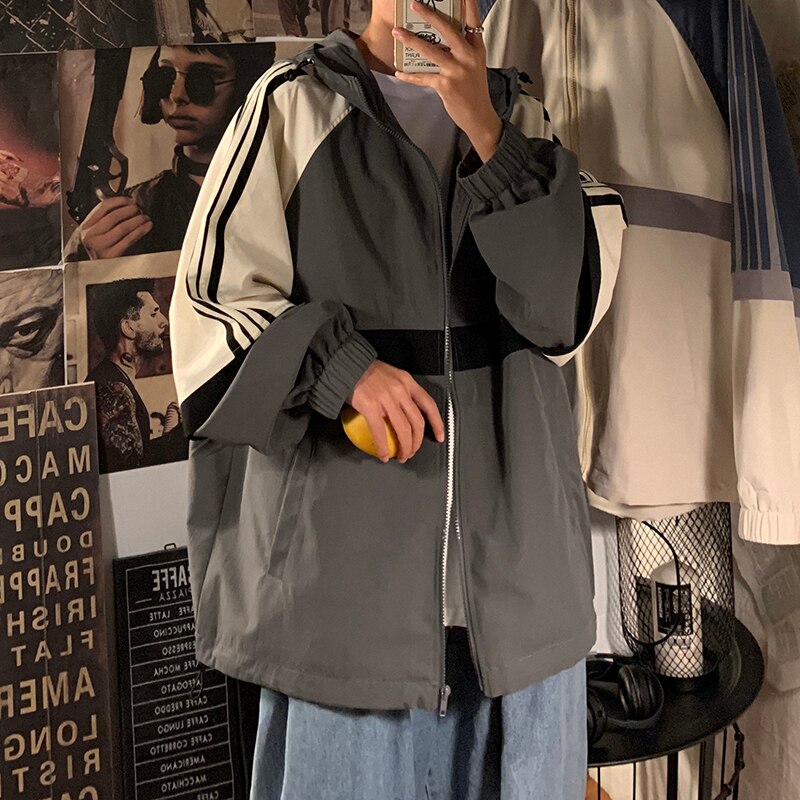 Dark college winter Japanese streetwear women coat Harajuku outwear casual long-sleeved zip up Ulzzang hooded coat