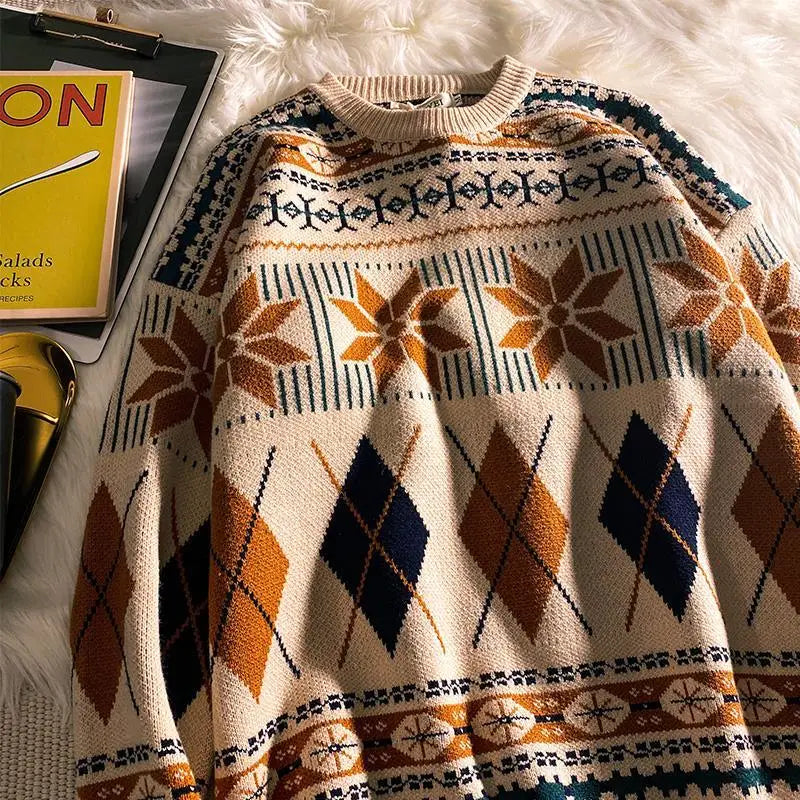 saferido Pullovers Vintage Retro Christmas Sweater Couple Men's Knitted Sweater Winter Warm Casual Korean Streetwear Harajuku