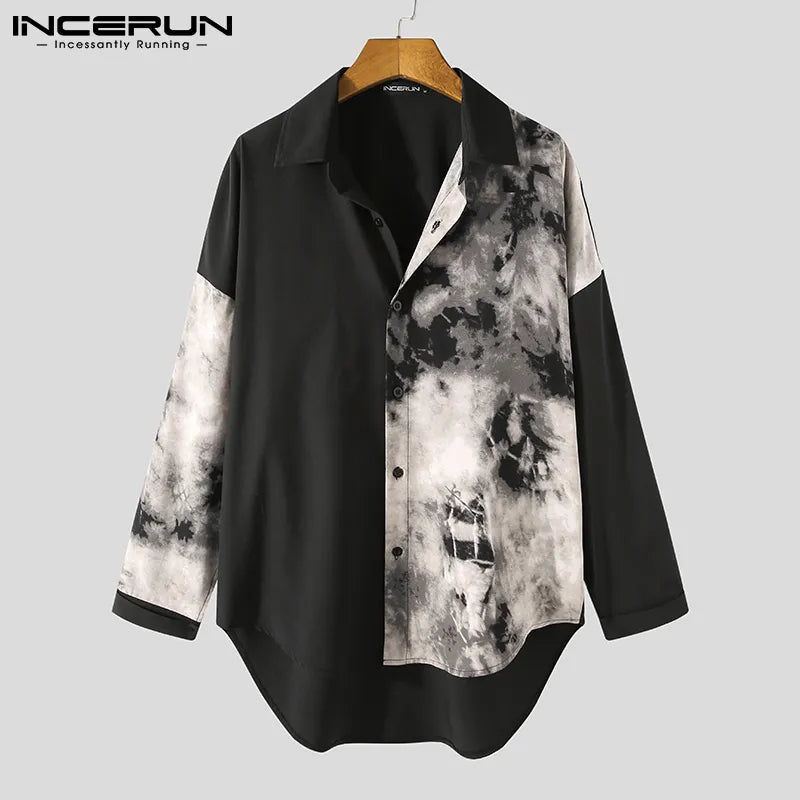 Men Casual Shirt Spring Print Patchwork Lapel Long Sleeve Streetwear Tops Korean Loose Fashion Shirts Camisas 5XL INCERUN