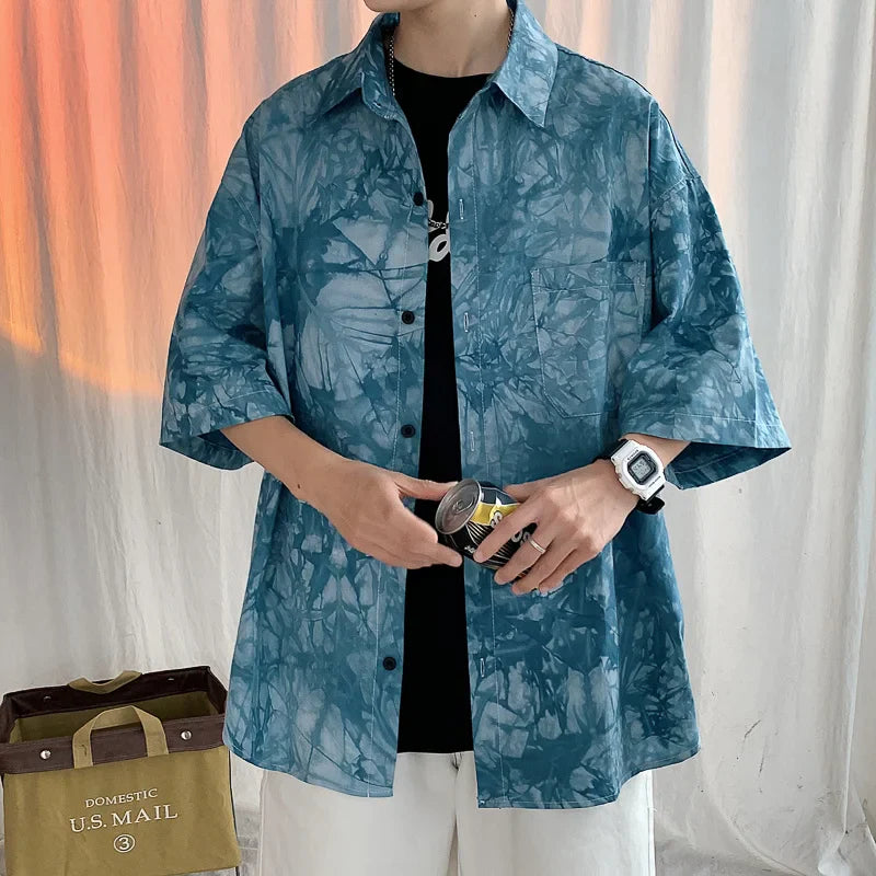 saferido HIP HOP Tie dyed ice silk 5-sleeve shirt men's spring summer ins design couple minority half sleeve drape shirt camisa masculina