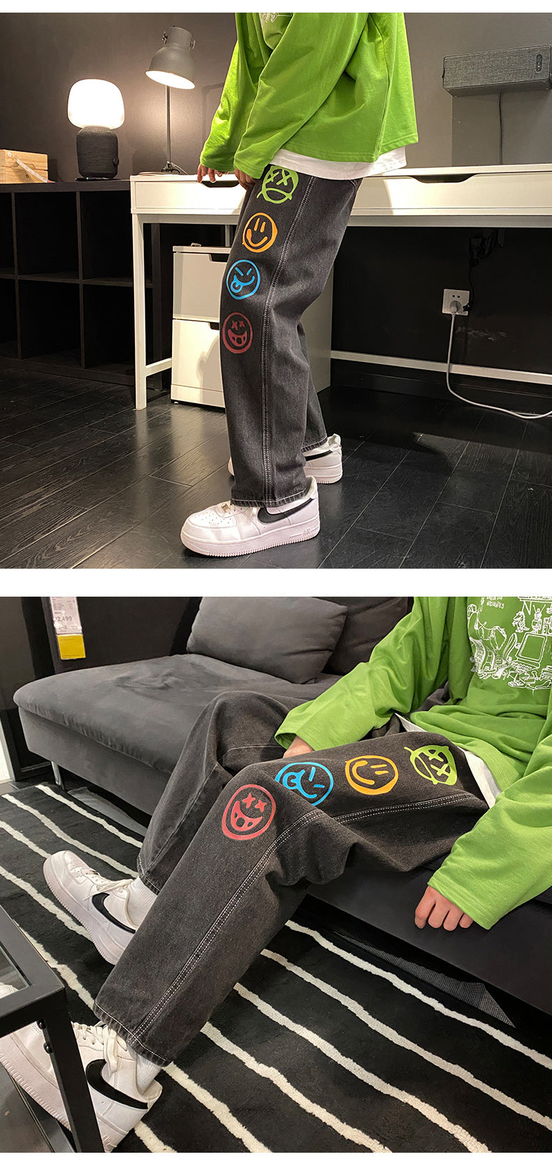 Black Jeans for Men Colorful Smiley Print Straight Leg Denim Pants Teen Hip Hop Clothes Male Baggy Trousers Oversized Streetwear