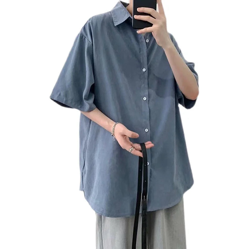 saferido Summer HIP HOP loose short sleeve shirt Korean solid color 5 / 5 sleeve shirt student fashionable and handsome inch coat shirts