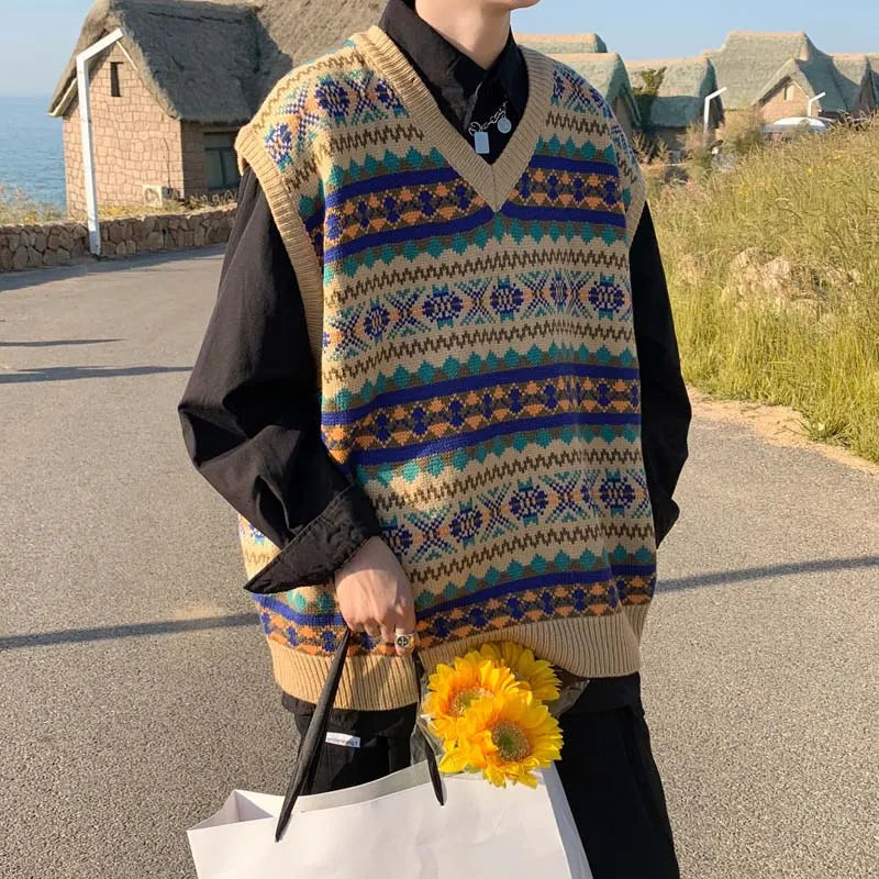saferido New Arrivals Japanese Retro Knitted Sweater Vest Men Ethnic Style Patchwork Loose Handsome Waistcoat V-neck Sweater Oversize