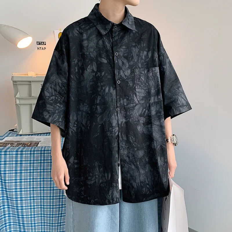saferido HIP HOP Tie dyed ice silk 5-sleeve shirt men's spring summer ins design couple minority half sleeve drape shirt camisa masculina