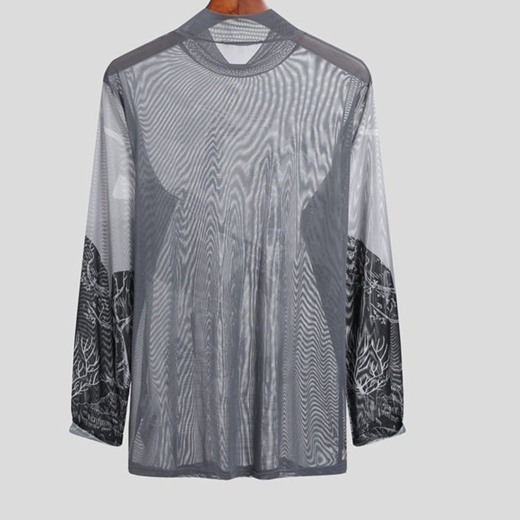 Men T Shirt Turtleneck Mesh Transparent Printed Sexy Long Sleeve Fitness Party Camisetas Streetwear Undershirt