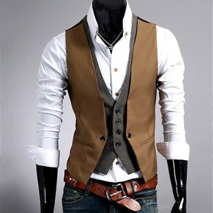 Fake Two Piece Mens Suit Vest Slim Casual Business Gentlemen Men Waistcoat Groomman Wedding Mens Gilet Oversized Steampunk Vests