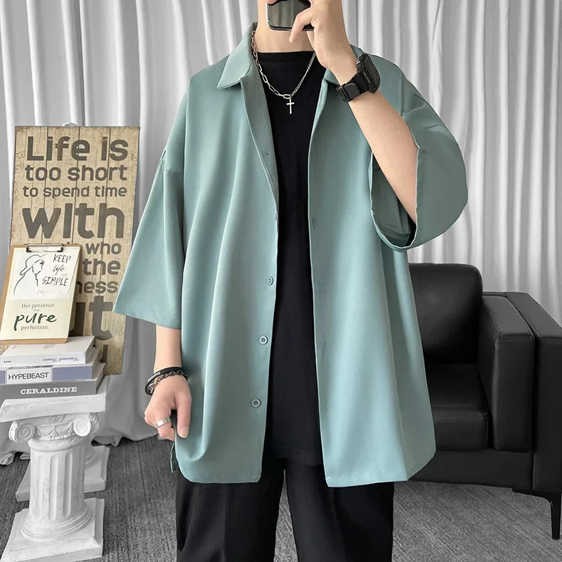 saferido Solid Color Oversized Men's Shirts Harajuku Men Casual Half Sleeve Shirt Tops Cool Summer Streetwear Man Blouse 6 Colors