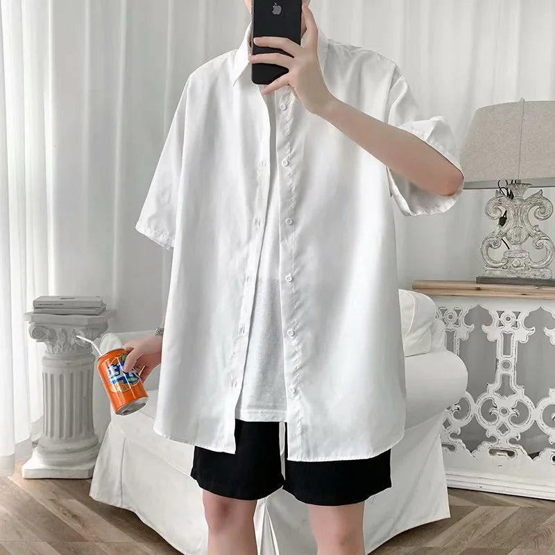 saferido Summer HIP HOP loose short sleeve shirt Korean solid color 5 / 5 sleeve shirt student fashionable and handsome inch coat shirts
