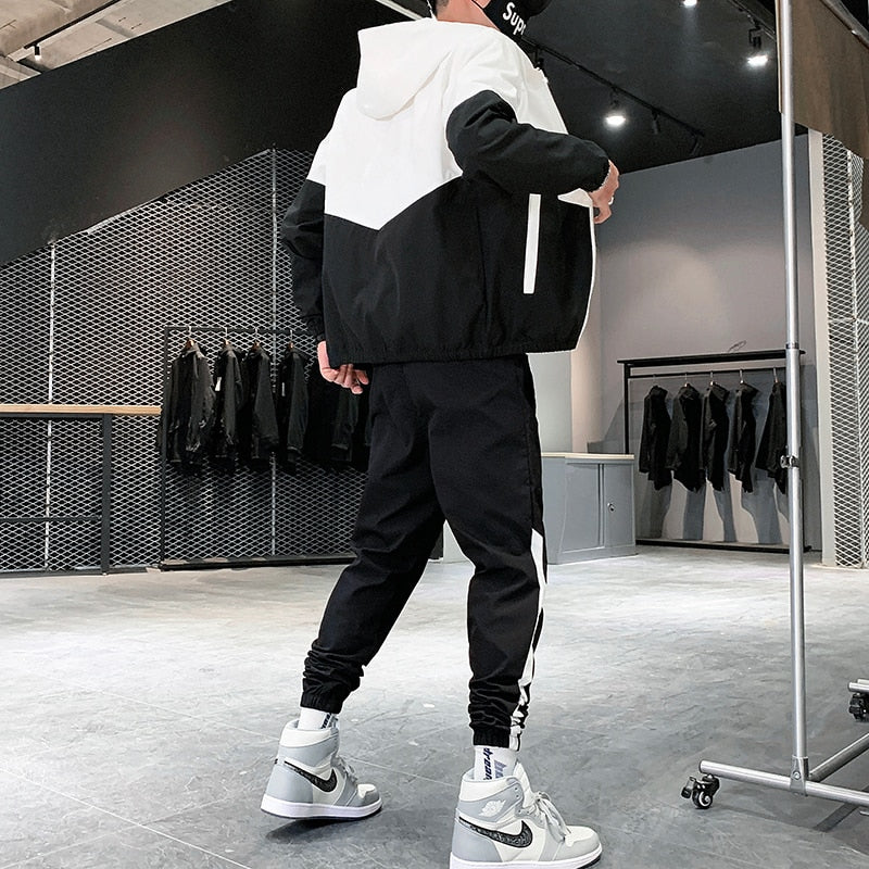 Patchwork Hip Hop Casual Men's Sets Korean Style 2 Piece Sets Clothes Men Streetwear Fitness Male Tracksuit