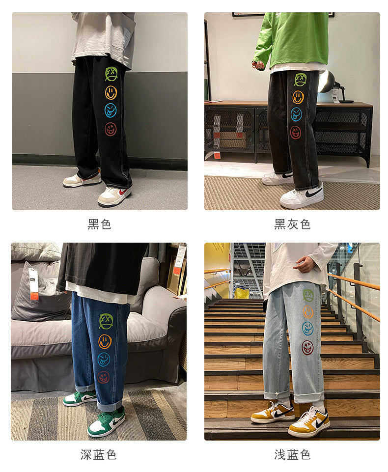 Black Jeans for Men Colorful Smiley Print Straight Leg Denim Pants Teen Hip Hop Clothes Male Baggy Trousers Oversized Streetwear