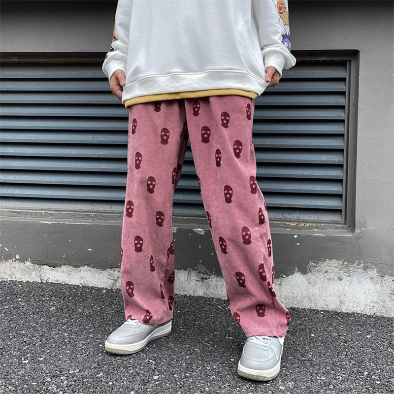 Preppy Style Skull Full Print Drawstring Casual Corduroy Men Baggy Pants Hip Hop Straight Sweatpants Male Loose Trousers