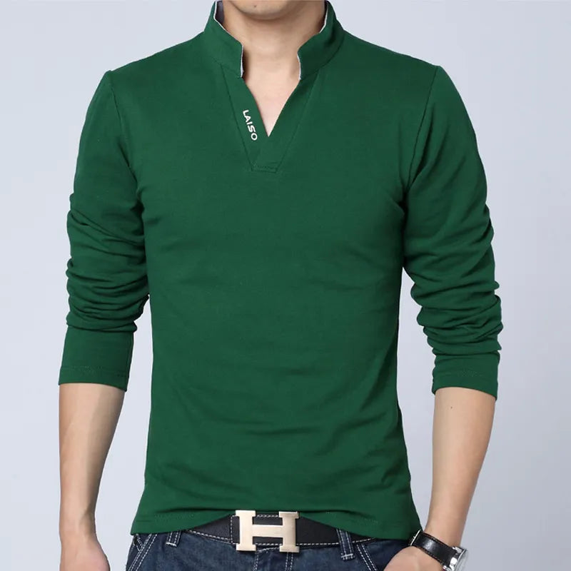 saferido T-Shirt Men Spring Cotton T Shirt Men Solid Color Tshirt Mandarin Collar Long Sleeve Top Men Brand Slim Fit Tee Shirts 5XL