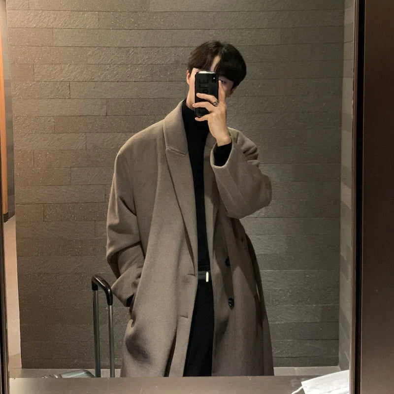 saferido Winter Men Thick Woolen Dust Coats Korean Style Streetwear Male Loose Solid Color Warm Trenchcoat High Quality Men's Windbreak