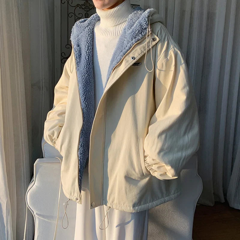 saferido Winter Thick Lamb Fur Jacket Men Warm Fashion Hooded Coat Men Korean Loose Oversized Short Coat Mens Cotton Outwear Jackets