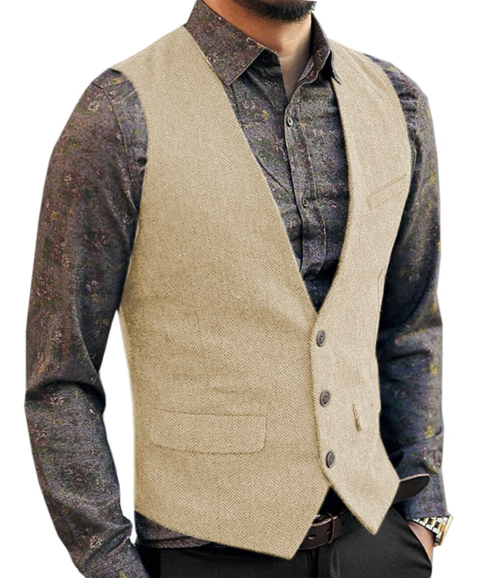 saferido Men's Vest Suit Boutique Wool Tweed Slim Fit Leisure Cotton Male Gentleman Beckham Business Waistcoat For Wedding Groomsmen