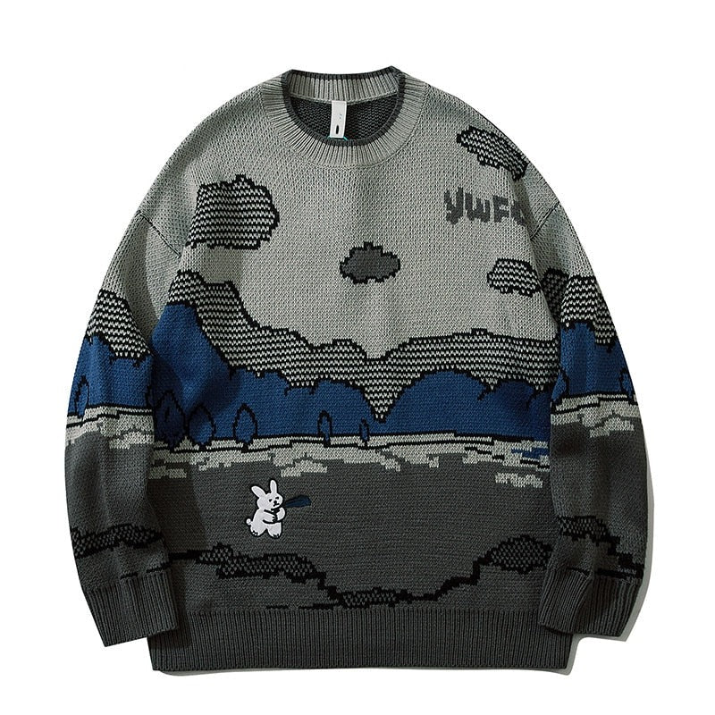 saferido Harajuku vintage rabbit ugly sweater streetwear pullover men super cute anime knitwear sweating video hip hop grandpa sweater