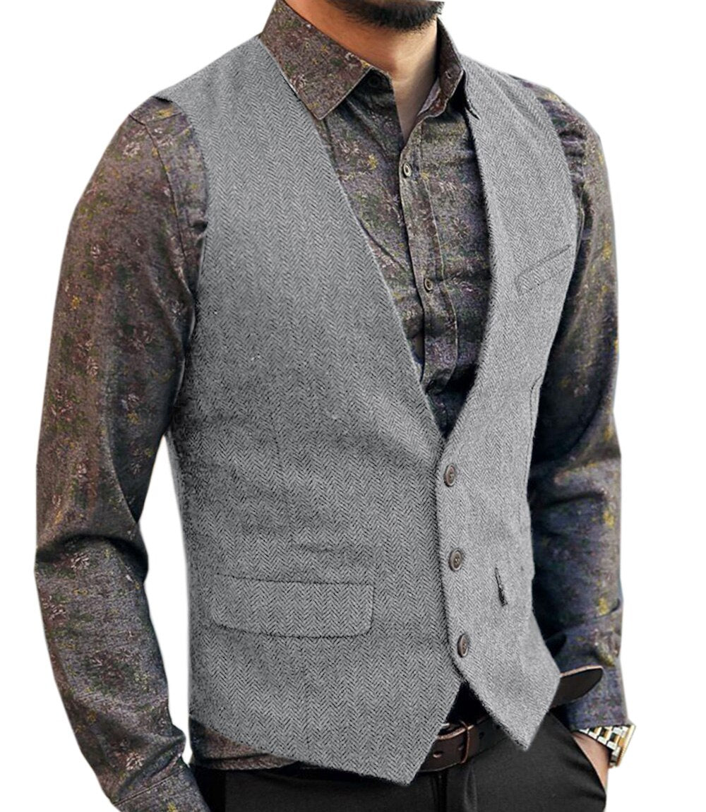 saferido Men's Vest Suit Boutique Wool Tweed Slim Fit Leisure Cotton Male Gentleman Beckham Business Waistcoat For Wedding Groomsmen