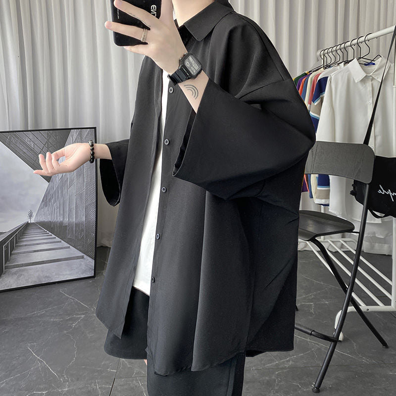 Korean Oversize Shirt Men's Fashion Summer Black White Short-sleeved Shirt Men Streetwear Loose Society Mens Dress Shirt M-2XL