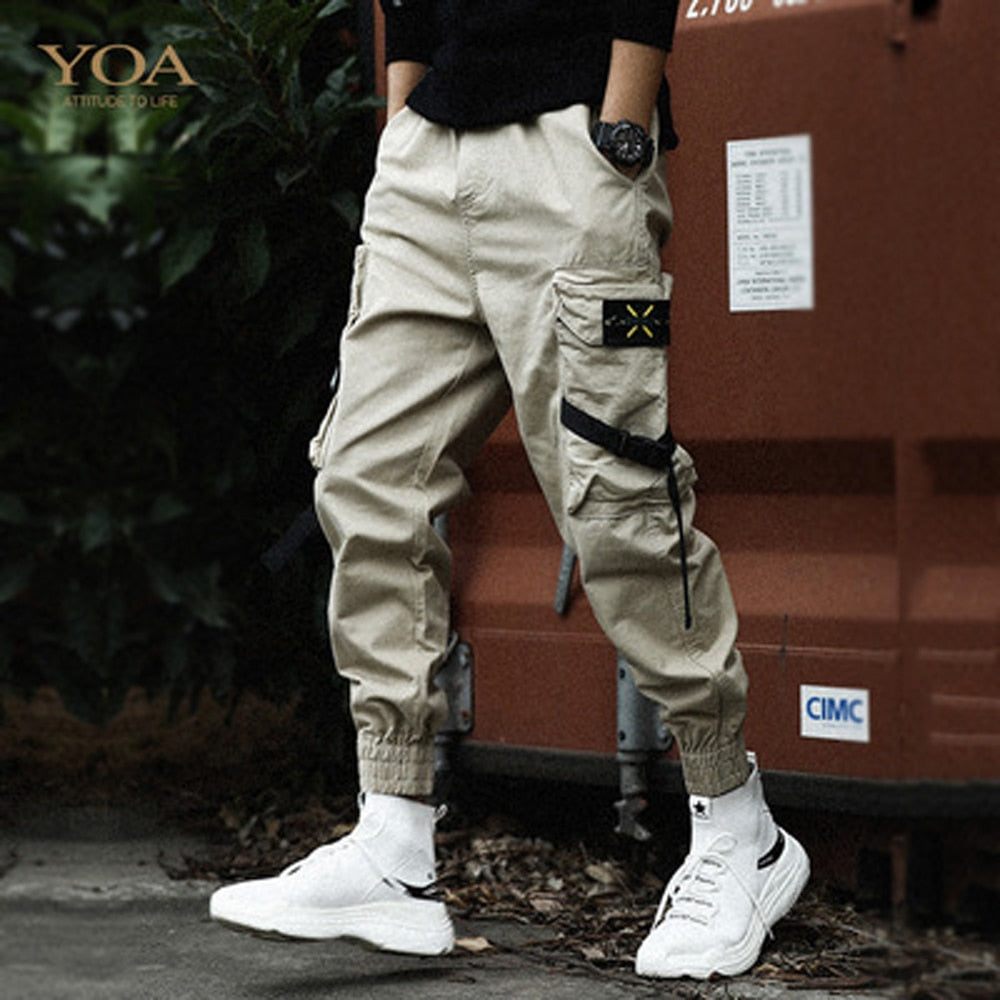Men's Side Pockets Cargo Harem Pants Ribbons Black Hip Hop Casual Male Joggers Trousers Fashion Casual Streetwear Pants 5XL