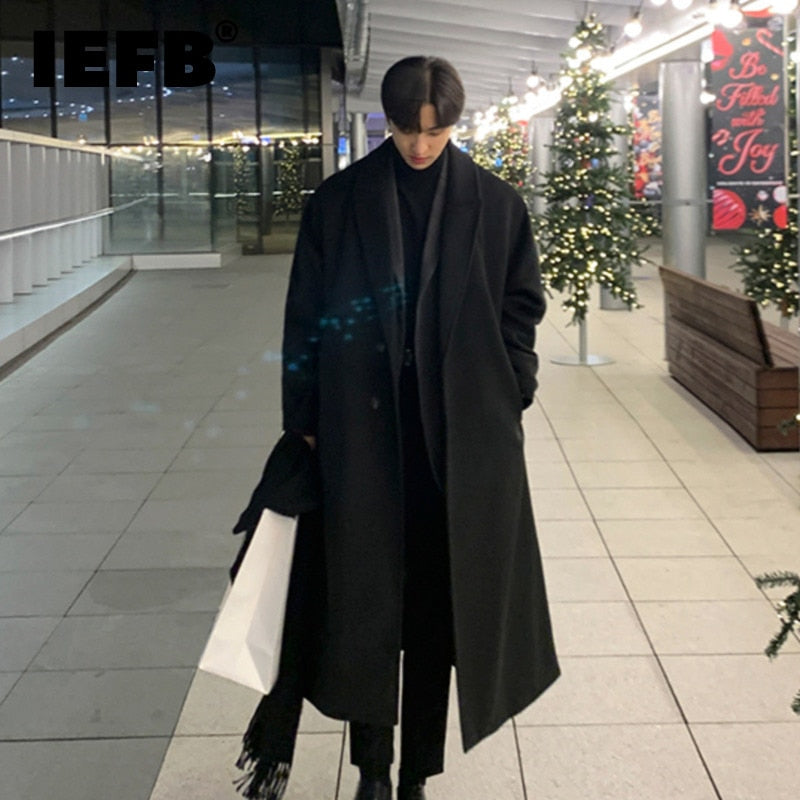 Korean Trend Men's Loose Casual Single-breasted Overcoat Autumn Winter Fashion New Long Sleeve Woolen Long Coat