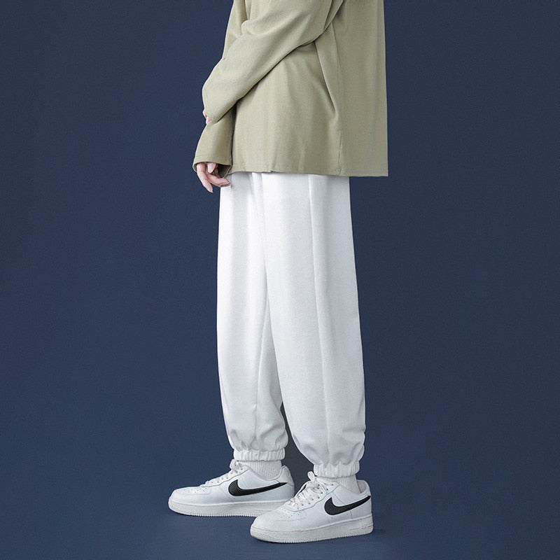 Korean Style Fashion Sweatpants New Autumn Light Gray Baggy Wide-leg Pants Straight-leg Casual Tie Feet Trousers Male