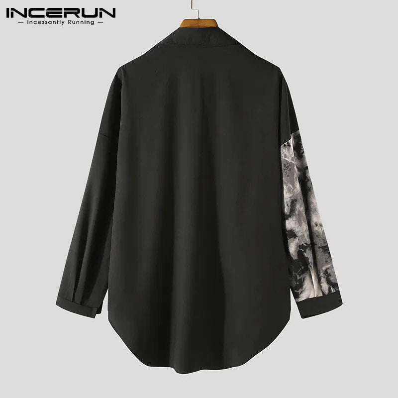 Men Casual Shirt Spring Print Patchwork Lapel Long Sleeve Streetwear Tops Korean Loose Fashion Shirts Camisas 5XL INCERUN