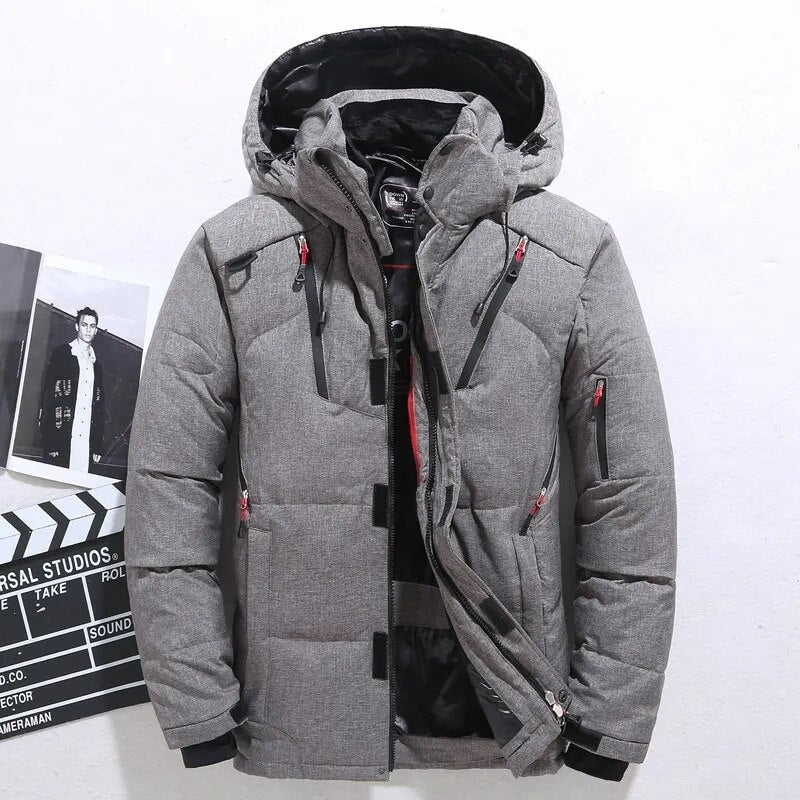 Brand Down Jacket Male Winter Parkas Men White Duck Down Jacket Hooded Outdoor Multi Pockets Thick Warm Padded Snow Coat Male