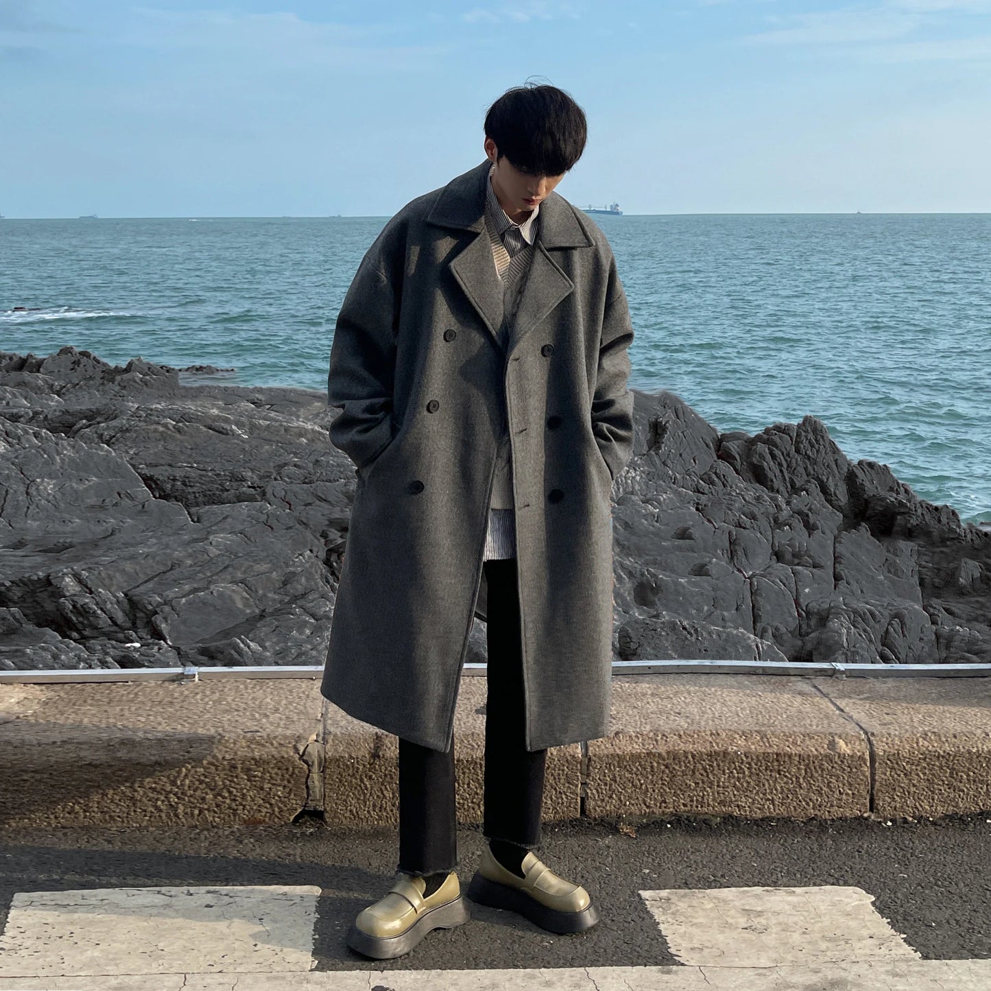 saferido Long Dust Coat Men Winter Korean-style Trench Mens Solid Double Breasted Woolen Cloth Coat Loose Casual Trenchcoat Outwear