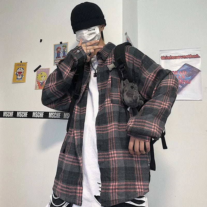 saferido Spring Cotton Plaid Shirt Men Fashion Retro Casual Shirt Mens Japanese Streetwear Wild Loose Long Sleeve Shirts Men M-XL