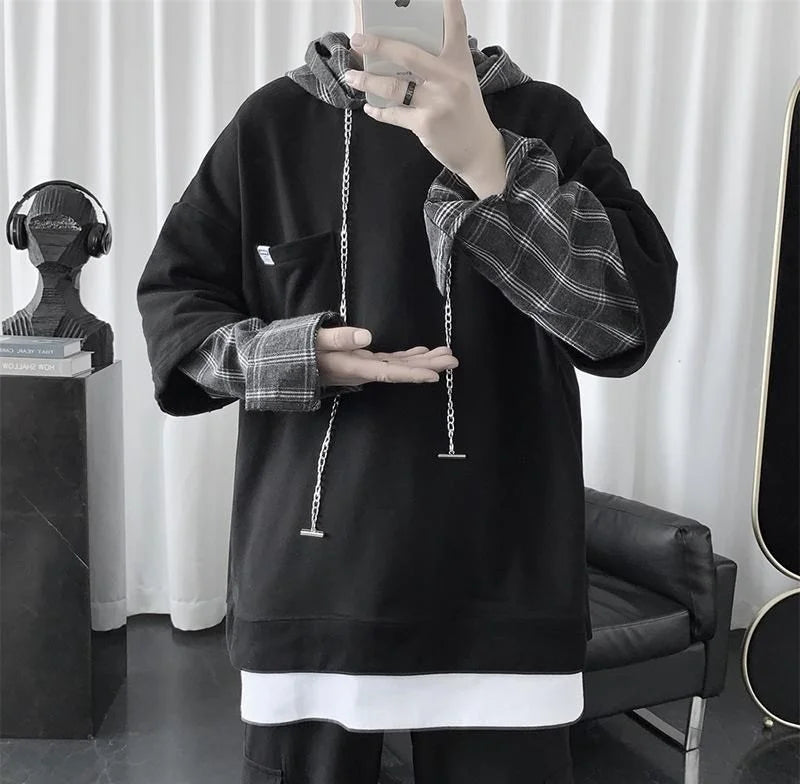 saferido Hooded sweater men's autumn Korean fashion versatile top loose fake two striped hip hop handsome coat
