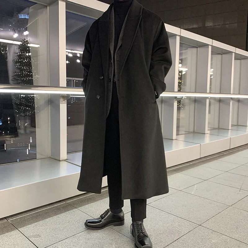 saferido Winter Men Thick Woolen Dust Coats Korean Style Streetwear Male Loose Solid Color Warm Trenchcoat High Quality Men's Windbreak