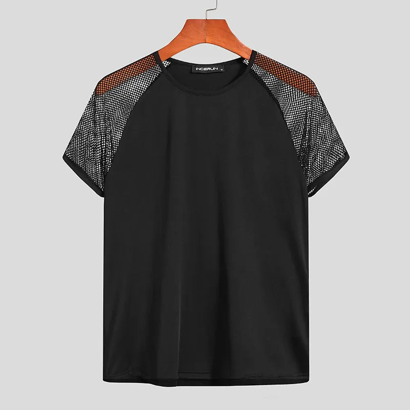 Fashion Men T Shirt Mesh Patchwork Streetwear Crew Neck Short Sleeve Casual Tee Tops Sexy Breathable Camisetas 5XL