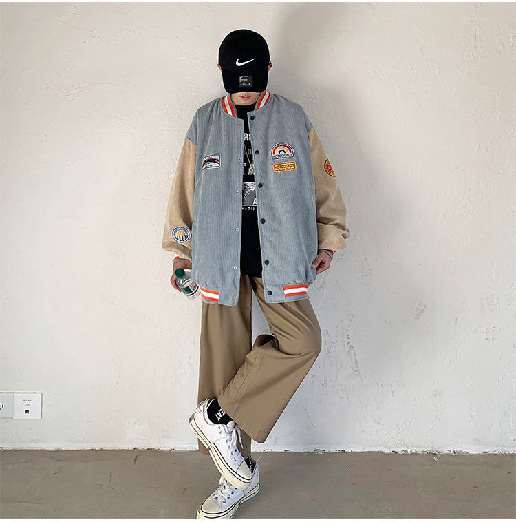 Spring and autumn corduroy jacket men's ins tide brand Harajuku style Korean style versatile handsome loose Baseball Jacket
