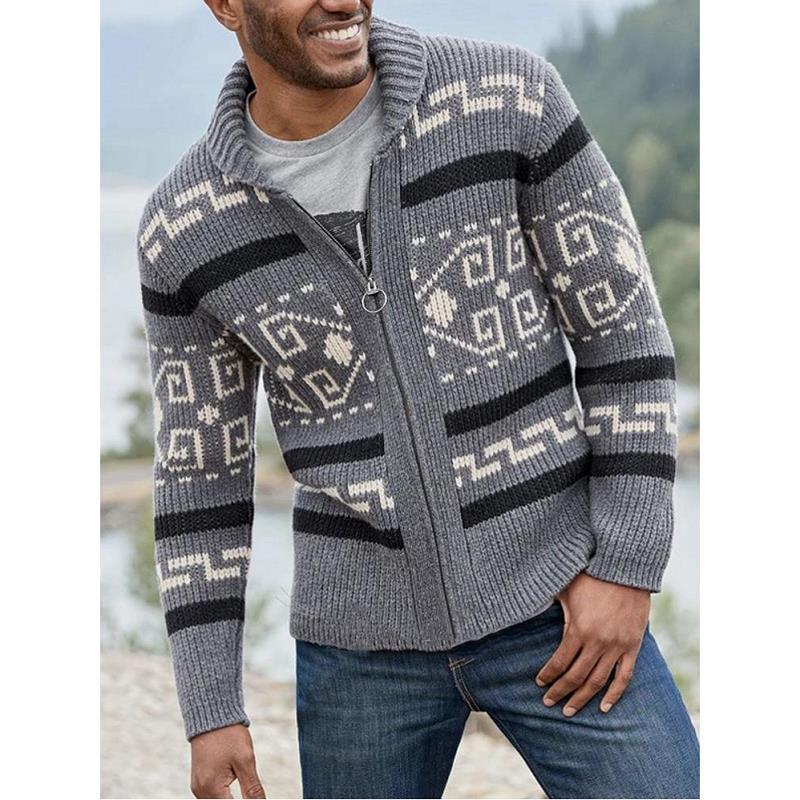 Men's Lapel Cardigan Printed Decor European And American Hand Knitting Wool Soft Stretchy Coat Loose Various Size Male Sweater