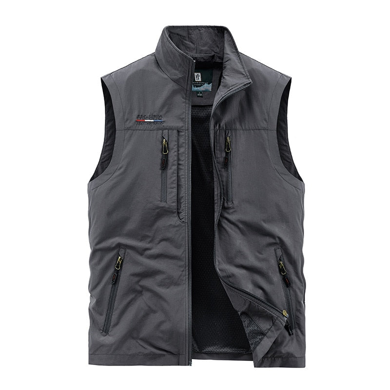 Men's Leisure Vest Solid Color Tooling Style Waistcoat Thin Fishing Hiking Multi-Pocket Casual Loose Vest for Men