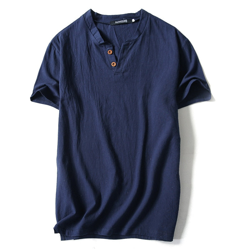 Summer Brand T-Shirt Men Short Sleeve Loose Breathable Cotton Linen T Shirt Male Fashion Solid Color V-Neck Tees 9XL