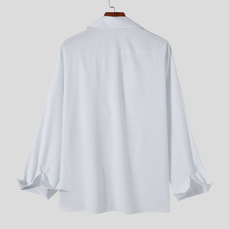Men Casual Shirt Solid Color Lapel Button Long Sleeve Fashion Tops Streetwear Loose Leisure Camisa Masculina S-5XL