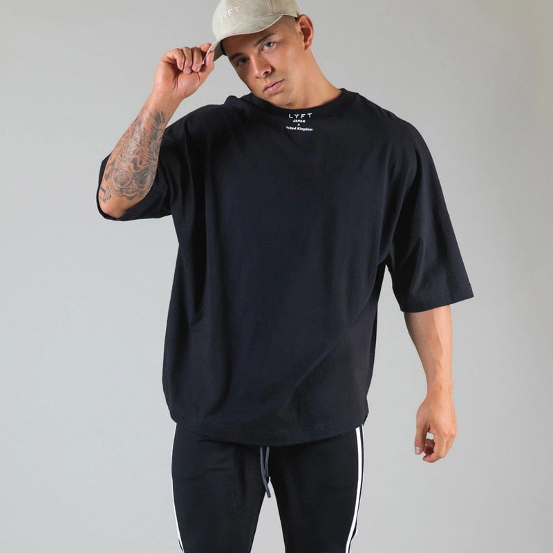 New Summer Running Oversized T-Shirt Men's Gym Bodybuilding Fitness Loose Casual Cotton Short Sleeve Men's Street Sports T-Shirt