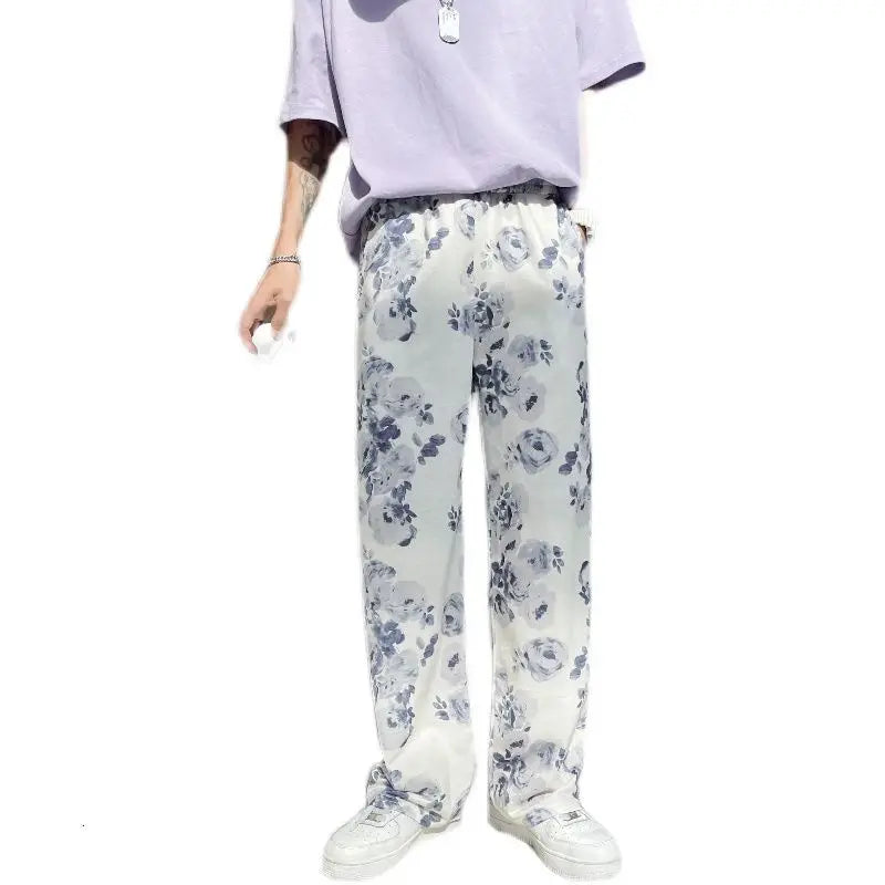 saferido Spring Summer Flower Pants Men's Fashion Printed Casual Pants Men Streetwear Loose Hip-hop Straight Wide-leg Pants Mens Trousers