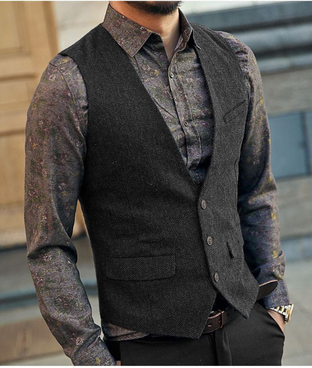 saferido Men's Vest Suit Boutique Wool Tweed Slim Fit Leisure Cotton Male Gentleman Beckham Business Waistcoat For Wedding Groomsmen