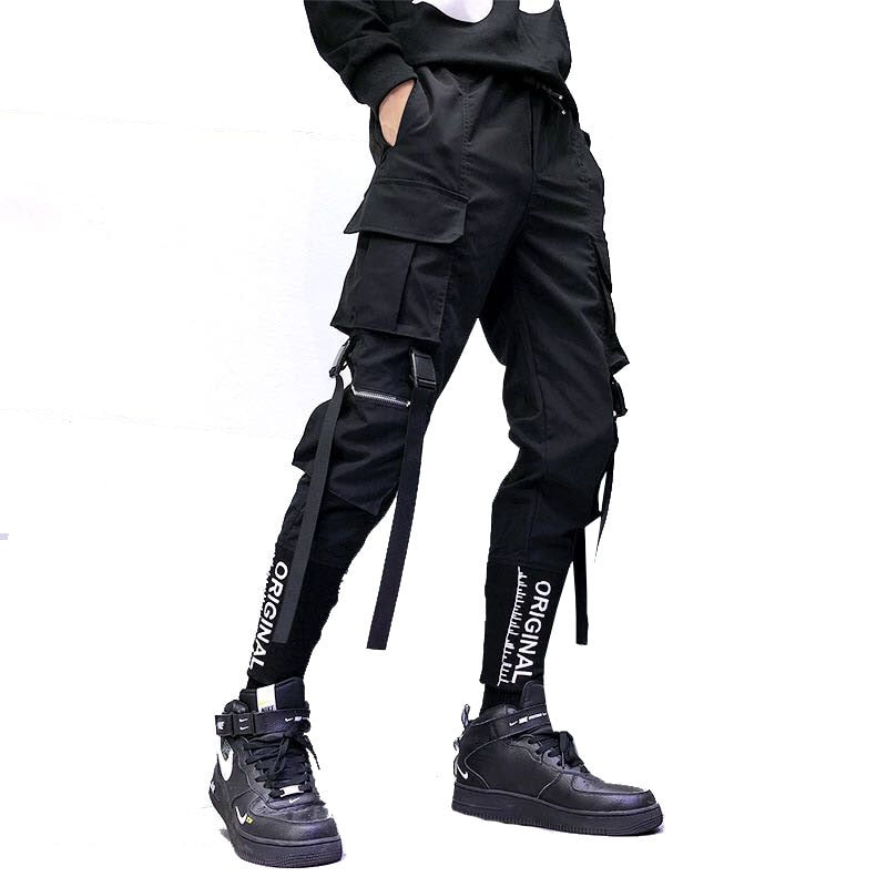 Hip Hop Men Ribbons Cargo Pants Fashion Harajuku Elastic Waist Casual Streetwear Mens Joggers Trousers Black