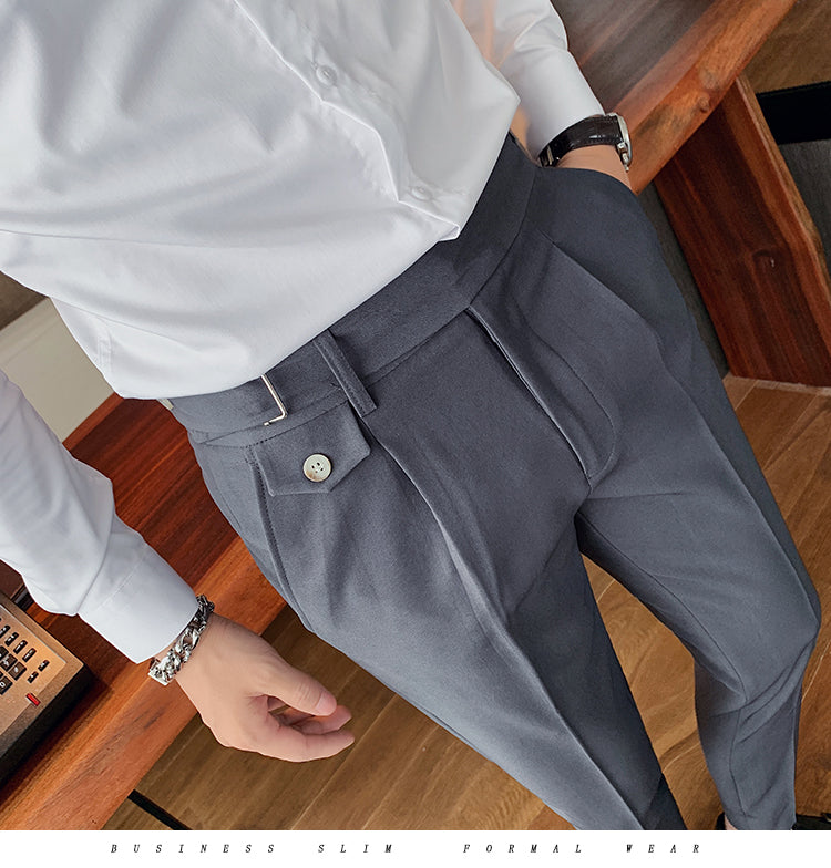 saferido        New Design Men High Waist Trousers Solid England Business Casual Suit Pants Belt Straight Slim Fit Bottoms White Clothing