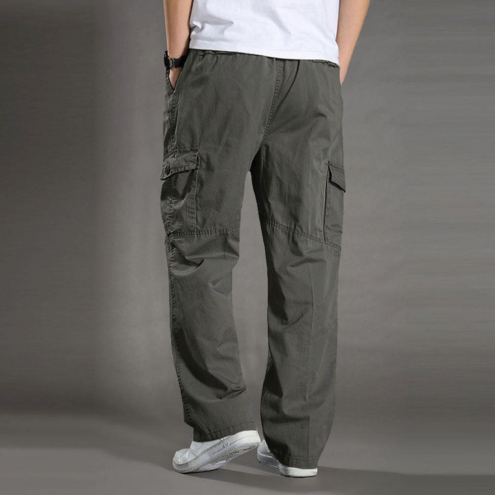 Men's Casual Trousers Cotton Overalls Elastic Waist Full Len Multi-Pocket Plus Fertilizer Men's Clothing Big Size Cargo Pants