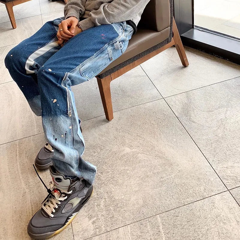 Distressed Splash Ink Flare Jeans Urban Streetwear Patch Mens Graffiti Wide Jean Hip Hop Washed Blue Slim Fit Denim Pants Men