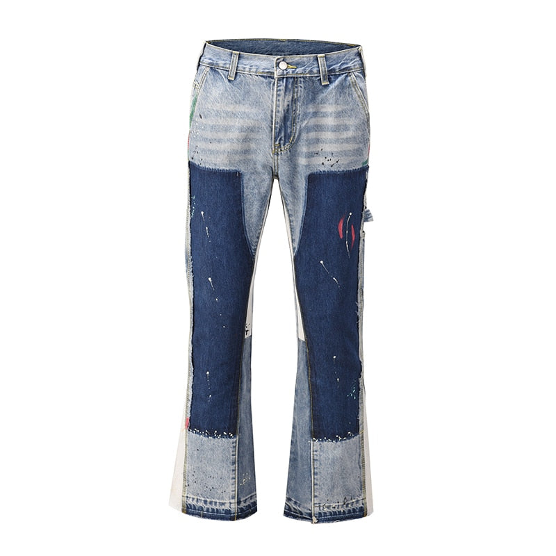Vintage Patchwork Flare Jeans Urban Men Streetwear Wide Leg Denim Pant Hip Hop Black Colorblock Slim Fit Denim Jeans for Men