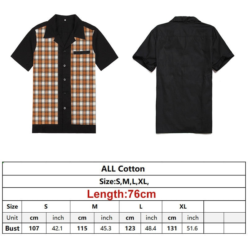 Brand Plaid Shirts Men's Blouse Patchwork Short Sleeve Casual Button Down Shirts Camiseta Retro Hombre Bowling Dress Male Shirts